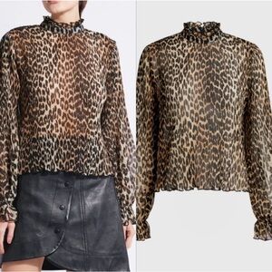 Ganni Brown and Black Ruffled Cuffed Sleeve Blouse